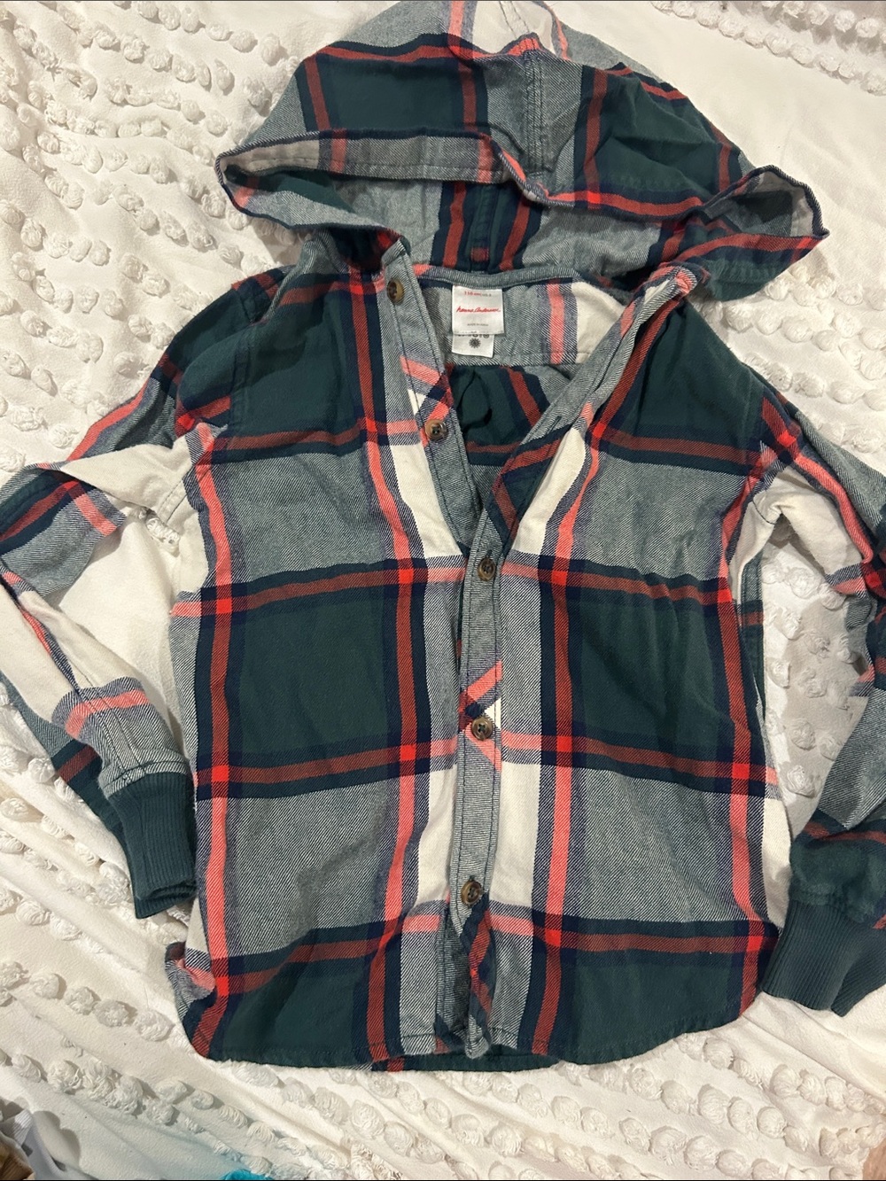 Hanna Andersson Hooded Plaid Button-Front Shirt - Green, Coral & White